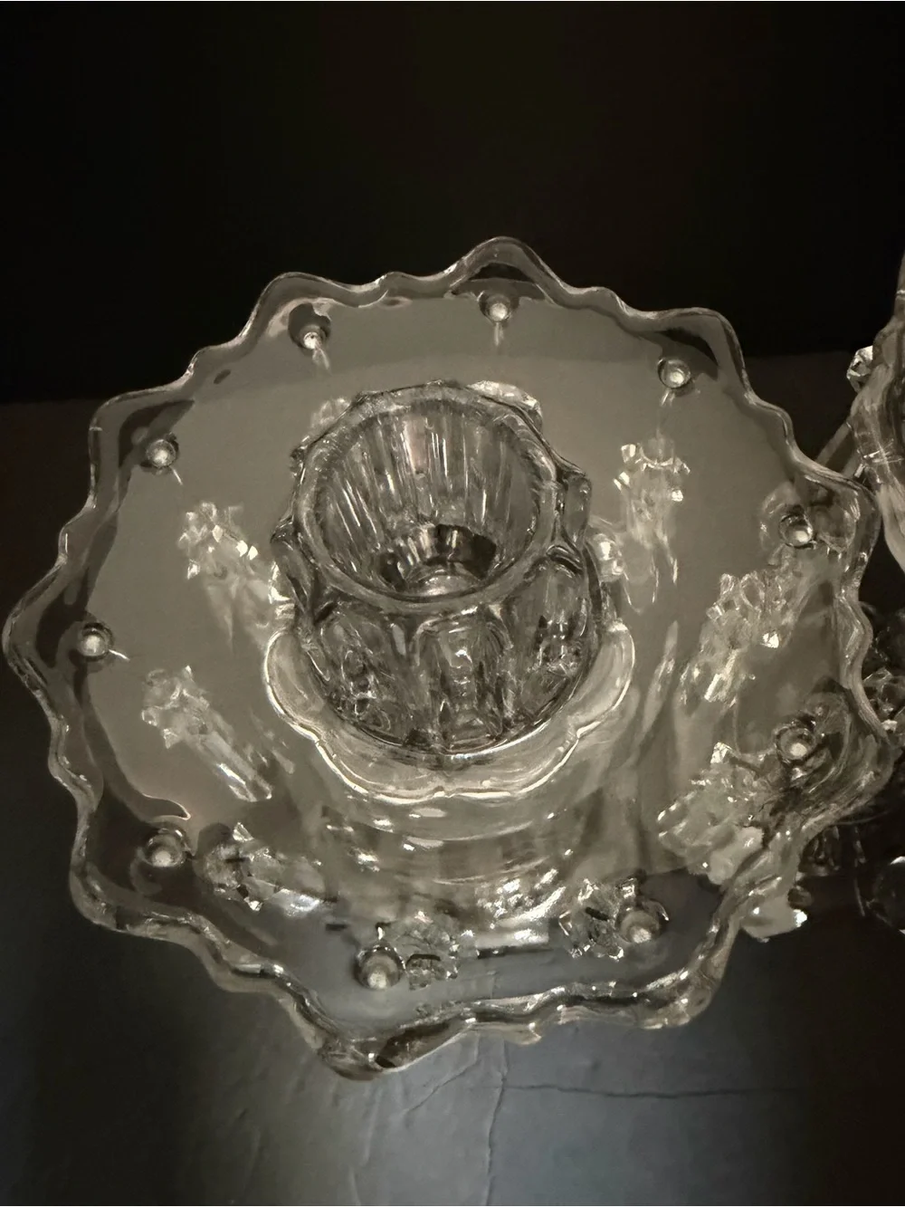 Pair of Cambridge Glass Candle Holders Fish Figure Bases w/Crystal Prisms 9,5